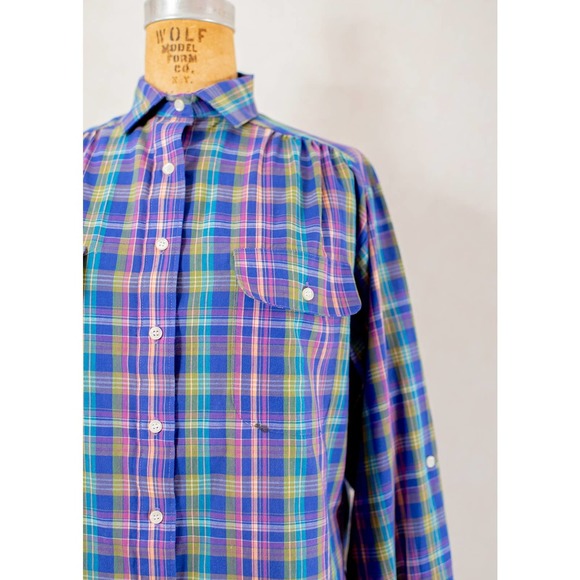 Vintage 80s prairie style, purple plaid button down shirt, women's small med - Picture 4 of 9